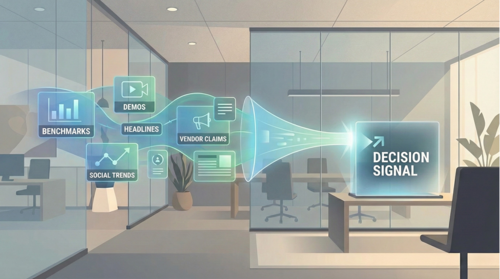 AI noise landscape showing signal overload for leaders