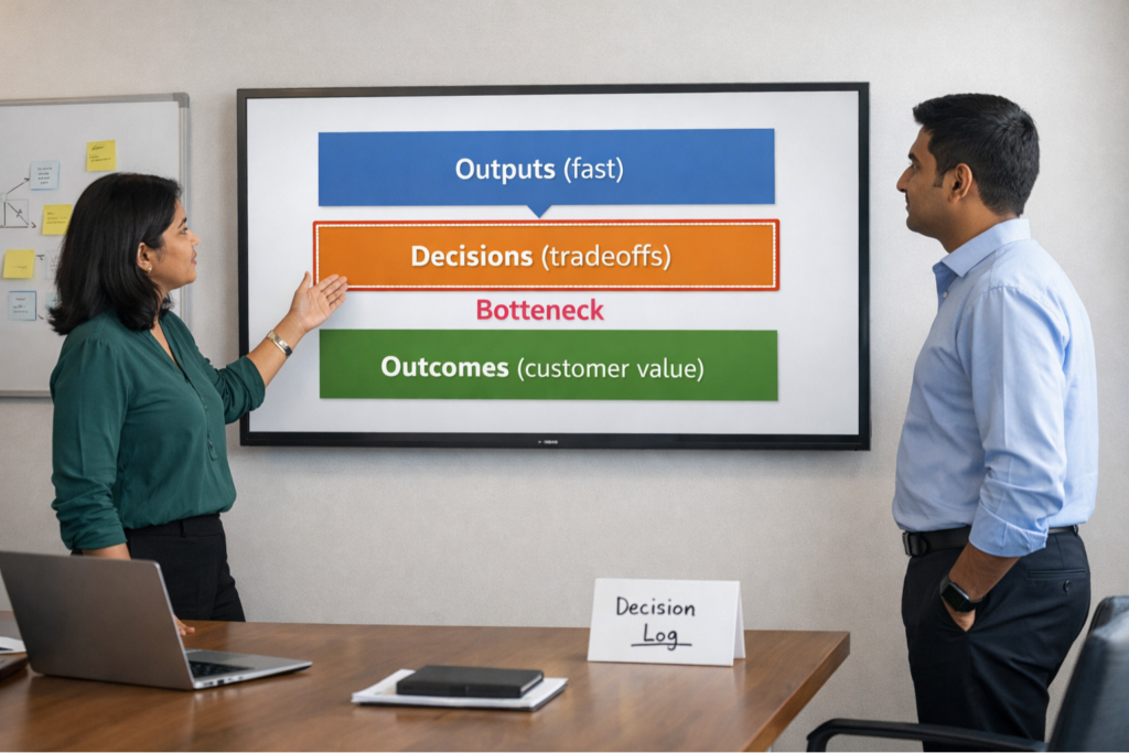 Visual showing outputs vs decisions vs outcomes to explain AI speed vs decision quality