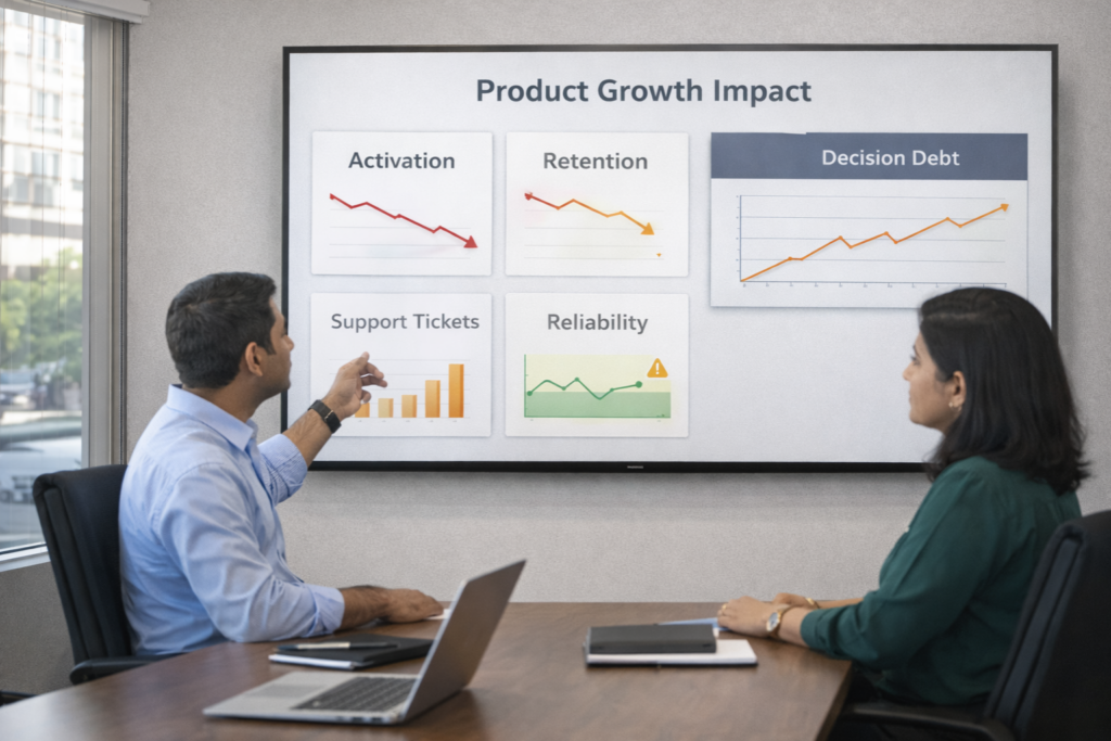 Dashboard showing activation, retention, support load impacts from low decision quality