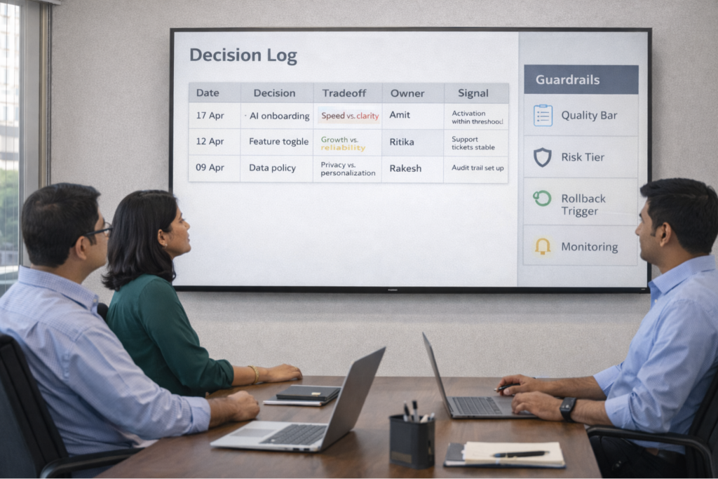 Leaders using a decision log and guardrails to manage AI speed without decision quality risk